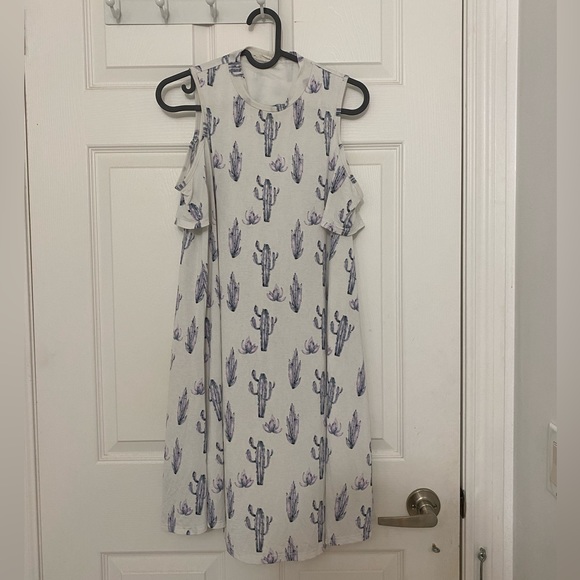 White Cold-Shoulder Dress with Purple Cactus Print - Picture 2 of 4